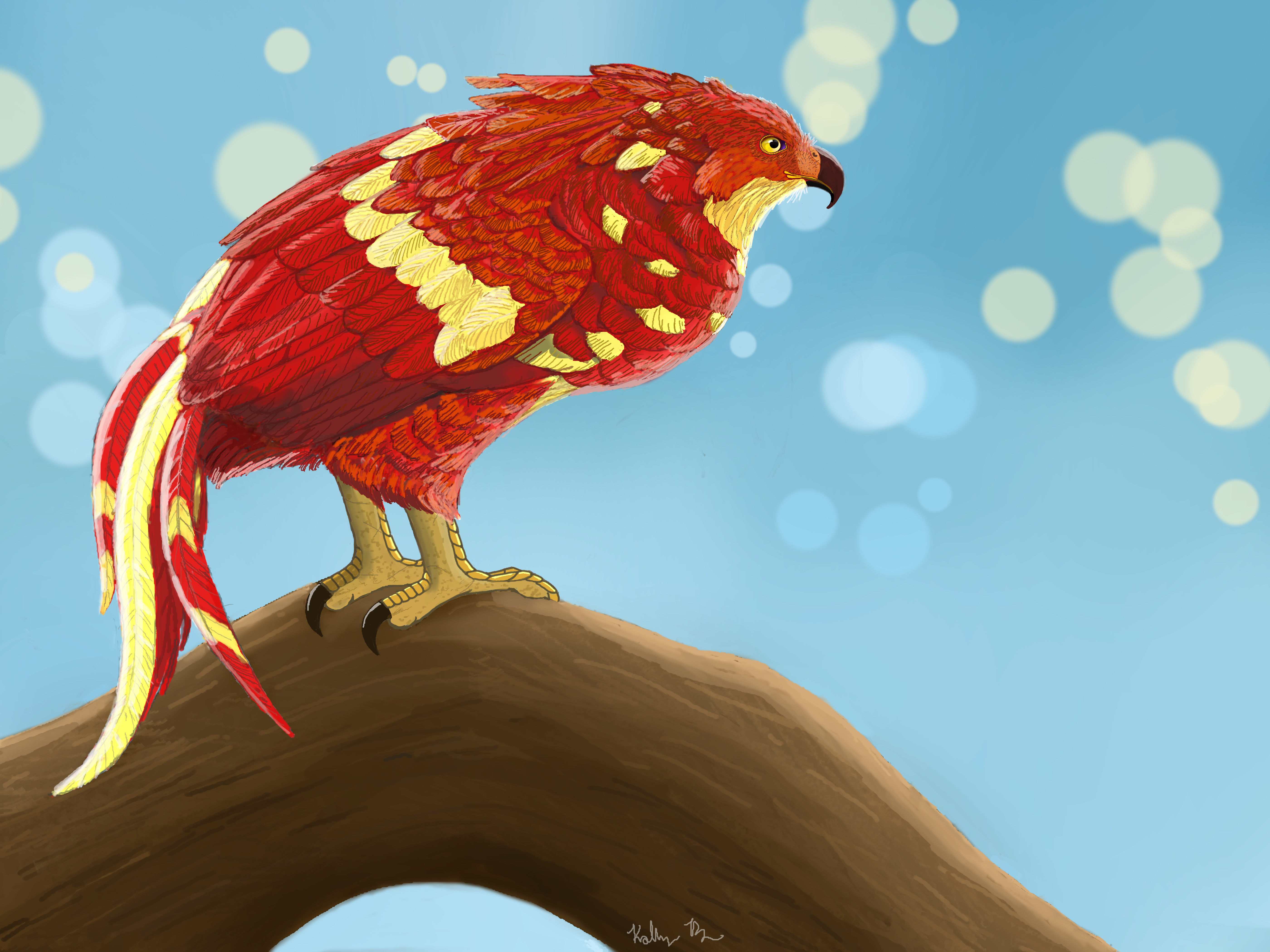 A picture of a red and gold Phoenix bird.